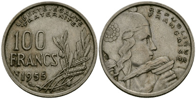 Франция 100 франков 1955 KM 919.1 медно-никель 4575-727