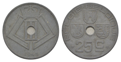 Бельгия 25 сантимов 1945 Belgie - Belgique, Леопольд III (1934-1947), германская оккупация, Вторая мировая война KM 132 цинк 4619-847