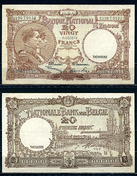 Бельгия 20 франков 1947 17.05.1947, Король Альберт I и его жена Королева Елизавета, Гран-Плас / Гроте Маркт, Брюссель Pick 111 (3) бумага 6301-20-3-2