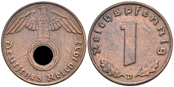 ГЕРМАНИЯ 1 РЕЙХСПФЕННИГ 1937 D KM 89, J. 361 бронза 188-1159