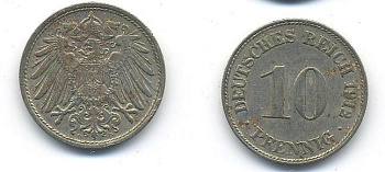 ГЕРМАНИЯ 10 ПФЕННИГОВ 1912 D KM 12, J. 13 медно-никель 58-352