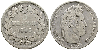 Франция 5 франков 1832 W, Луи Филипп I (1830-1848) KM 749.13 серебро 4386-321