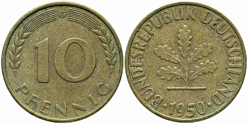 ФРГ 10 ПФЕННИГОВ 1950 G KM 108, J. 383 сталь плакированная латунью 113-133