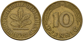 ФРГ 10 пфеннигов 1979 D KM 108, J. 383 сталь плакированная латунью 4603-1136