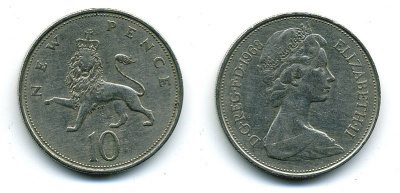 Великобритания 10 пенсов 1968 Елизавета II (1952-2022) KM 912, Spink 4231 (F1) медно-никель  4110-1044