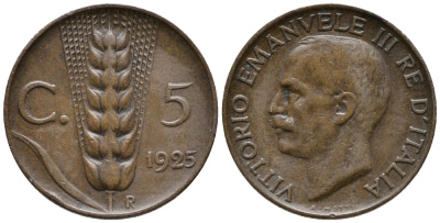 ИТАЛИЯ 5 ЧЕНТЕЗИМО 1925 R, ВИКТОР ИМАНУИЛ III. КОЛОС KM 59 медь 66-127