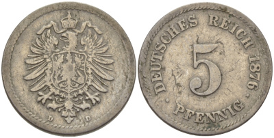 ГЕРМАНИЯ 5 ПФЕННИГОВ 1876 D, СТАРОГЕРБОВКА KM 3, J.3 медно-никель 100-323