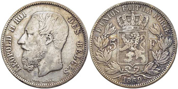 Бельгия 5 франков 1869 Леопольд II (1865-1909) KM 24 серебро 5010-843