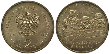 Польша 2 злотых 2010 MW, 65 лет освобождения концлагеря Аушвиц-Биркунау (Освенцим) KM 712 нордик UNC 4676-636