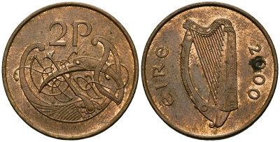 Ирландия 2 пенса 2000 виньетка в виде стилизованной птицы из Второй Библии Карла Лысого KM 21a сталь плакированная медью 4138-813