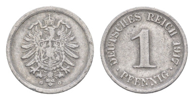 Германия 1 пфенниг 1917 G, Вильгельм II (1888-1918) KM 24, J. 300, Weege 2 алюминий 4639-1154