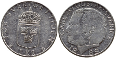 Швеция 1 крона 1989 Карл XVI Густав (1973- ) KM 852a медно-никель 4397-1257