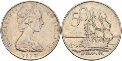 Новая Зеландия 50 центов 1977 Елизавета II (1952-2022), парусник Индевор KM 37.1 медно-никель 4131-1221