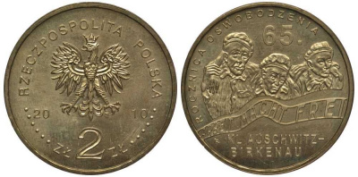 Польша 2 злотых 2010 MW, 65 лет освобождения концлагеря Аушвиц-Биркунау (Освенцим) KM 712 нордик UNC 4676-636