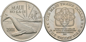 Остров Мауи (Гавайские острова) 1 доллар 2001 торговый доллар, Дельфины медно-никель UNC 4558-812