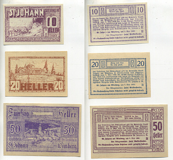 Австрия набор из 3 банкнот 1920 5 мая 1920, нотгельд, ST. JOHANN am WIMBERG   бумага  aUNC  7555-3-1-1