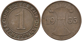 Германия 1 рейхспфенниг 1935 J KM 37, J. 313, Weege 2 бронза 4516-749