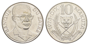 Заир 10 макут 1973 KM 7 медно-никель UNC 4654-424