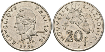 Французская Новая Каледония 20 франков 1986 три быка, (IEOM) KM 12, Schoen 14, Lec 112 никель 4123-645