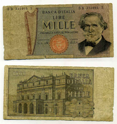 Италия 1000 лир 1969 Джузеппе Верди, Милин Ла Скала Pick 101а бумага 8588-10-3-2