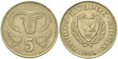 Кипр 5 центов 1983 голова быка KM 55.1 никель латунь 4141-916