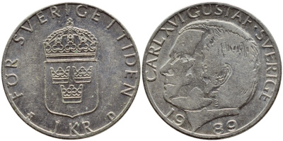 Швеция 1 крона 1989 Карл XVI Густав (1973- ) KM 852a медно-никель 4397-1247