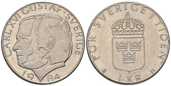 Швеция 1 крона 1984 U, Карл XVI Густав (1973-) KM 852a медно-никель 4561-356