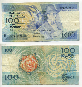 ПОРТУГАЛИЯ 100 ЭСКУДО 1988 24 НОЯБРЯ 1988, ФЕРНАНДО ПЕССОА ПОРТУГАЛЬСКИЙ ПОЭТ Pick 179f бумага 7552-60-3