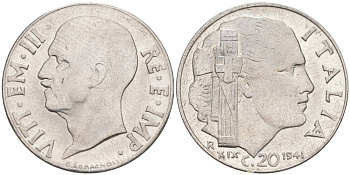 ИТАЛИЯ 20 ЧЕНТЕЗИМО 1941 R, ГОД XIX, ВИКТОР ЭММАНУИЛ III (1900-1946) KM 75b, VEM3. 1028 нержавеющая сталь 3853-552