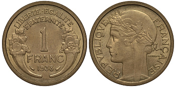 ФРАНЦИЯ 1 ФРАНК 1938 ТИП MORLON KM 885, LE FRANC 219.9 алюминиевая бронза 202-136