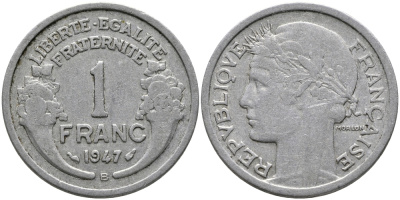 ФРАНЦИЯ 1 ФРАНК 1947 В KM 885а.2 алюминий 23-733