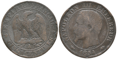 ФРАНЦИЯ 5 САНТИМОВ 1854 А, НАПОЛЕОН III (1852-1870) KM 777.1, LE FRANC 116.8 бронза 34-433