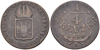 АВСТРИЯ 1/4 КРЕЙЦЕРА 1816 S, ФРАНЦ II (1792-1835) KM 2107 медь 201-862