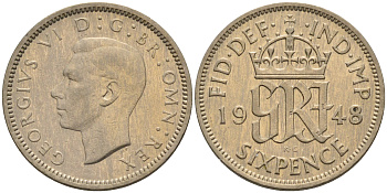 Великобритания 6 пенсов 1948 Георг VI (1936-1952) KM 862, Spink 4105 медно-никель 4588-1232