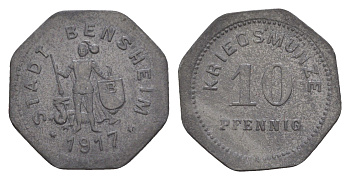 Бенсхайм 10 пфеннигов 1917 Funck 34.3, Men05 1739.4, Men18 2245.4 цинк 4636-849