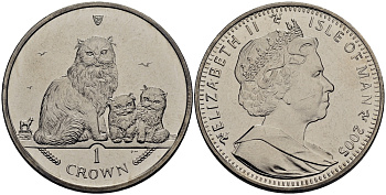 Остров Мэн 1 крона 2005 гималайская кошка с котятами КМ 1266 медно-никель UNC 118-235