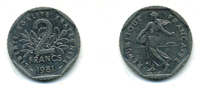 ФРАНЦИЯ 2 ФРАНКА 1981 СЕЯТЕЛЬ KM 942.1, LE FRANC 272.5 никель 25-2432