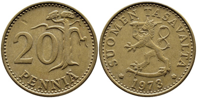 ФИНЛЯНДИЯ 20 ПЕННИ 1973 S KM 47 алюминиевая бронза 51-1023