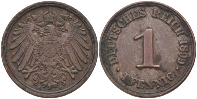 ГЕРМАНИЯ 1 ПФЕННИГ 1899 А KM 10 , J. 10 медь 100-312