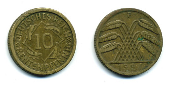 Германия 10 рентенпфеннигов 1924 F KM 33, J. 309, Weege 8 алюминиевая бронза 54-528