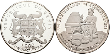 Бенин 1000 франков 1995 35 лет независимости, женщина перемешивает в горшке KM 13 серебро PROOF 01-077-14