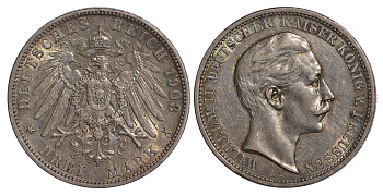 Пруссия 3 марки 1908 Вильгельм II (1888-1918) KM 527, J. 103 серебро    413-522