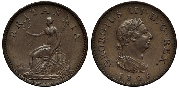 Великобритания 1 фартинг 1806 Георг III (1760-1820) KM 661, Spink 3782 медь 1523-1014