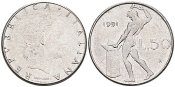 Италия 50 лир 1991 R, бог огня Вулкан у наковальни KM 95.2 нержавеющая сталь 4549-652