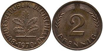 ФРГ 2 пфеннига 1970 J KM 106а, J.381а сталь плакированная медью 99-165