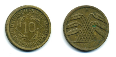 Германия 10 рентенпфеннигов 1924 F KM 33, J. 309, Weege 8 алюминиевая бронза 54-528