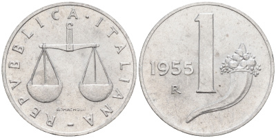 Италия 1 лира 1955 R, весы KM 91 алюминий  UNC  4594-745