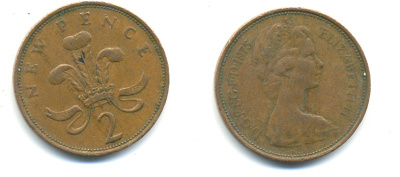 Великобритания 2 пенса 1975 Елизавета II (1952-2022) KM 916, Spink 4235 (C1) бронза 177-821