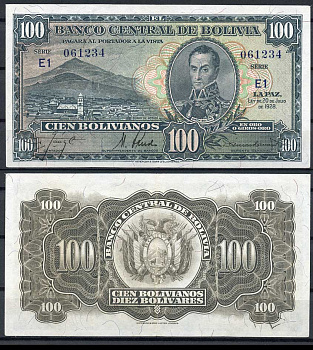 Боливия 100 боливиано 1928 серия E1, Симон Боливар Pick 133 (8)  бумага   451-351-3