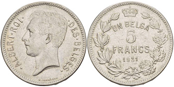 БЕЛЬГИЯ 5 ФРАНКОВ 1931 BELGES KM 97.1 никель 4536-342